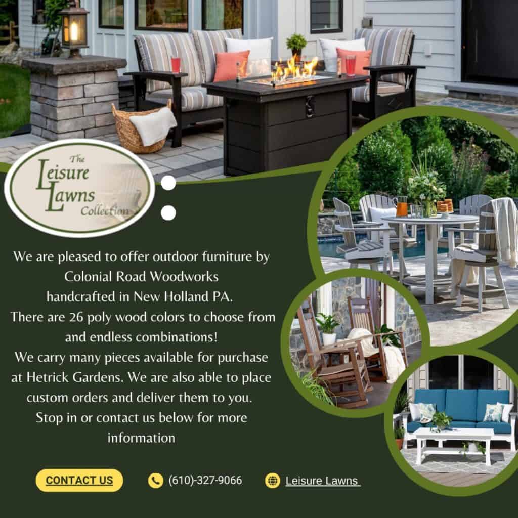 Outdoor living space with a dark wood fire-pit table, striped cushioned seating, and a stone-column accent, overlaid with a circular Leisure Laws Collection logo on a green banner.