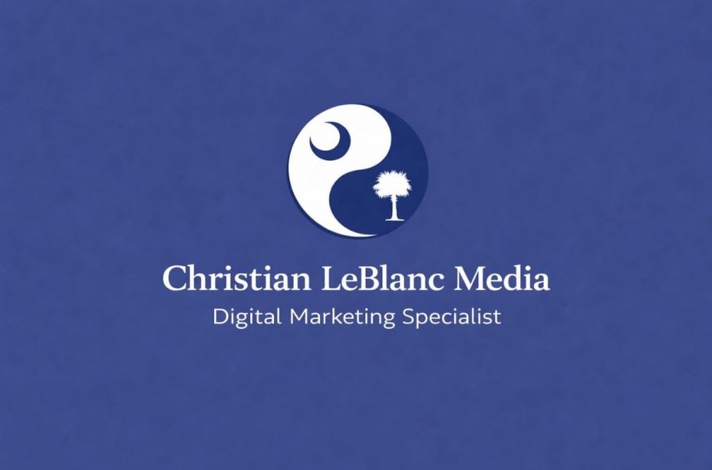Logo for Christian LeBlanc Media on a blue background, featuring a circular emblem with a crescent and palm tree, and the text 'Christian LeBlanc Media' with the subtitle 'Digital Marketing Specialist'.
