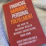 Red book cover titled 'Financial Harmony, Personal Fulfillment' lying on a light carpet.