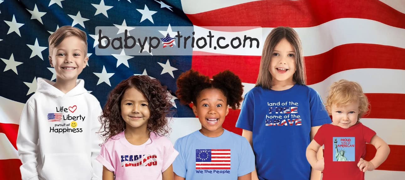 Kids wearing patriotic T-shirts in front of American flag background promoting liberty and freedom for children.