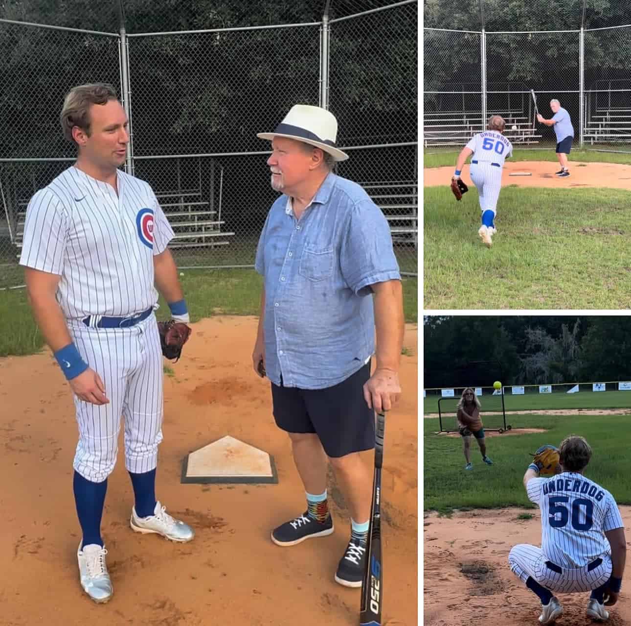 Collage of a baseball scene: two men talking at home plate, one in a Cubs-style pinstripe uniform and the other in a light shirt and hat; other panels show a runner in white and blue toward home, and a fielder in an 'Underdogs' #50 position preparing to throw on a grassy field.