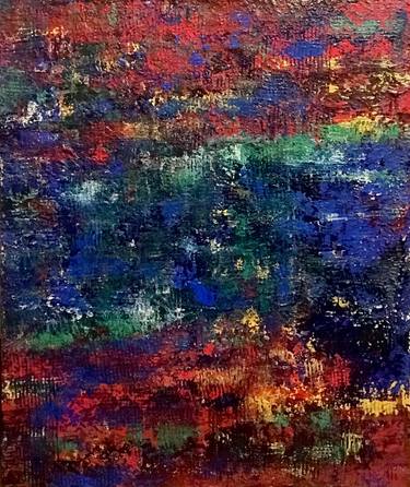 Abstract painting with vivid red, blue, green, and purple hues and thick, textured brushstrokes showing layered color.