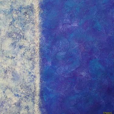 Abstract painting with a vertical pale, textured stripe dividing a light blue left edge from a deep blue right side.