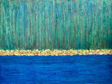 Abstract landscape: a green textured vertical-wood wall above a thin band of tan pebbles, meeting a calm blue sea.