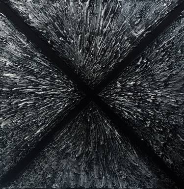 Abstract black and gray textured image with four dark diagonal beams radiating from a central point, creating an X-shaped pattern.