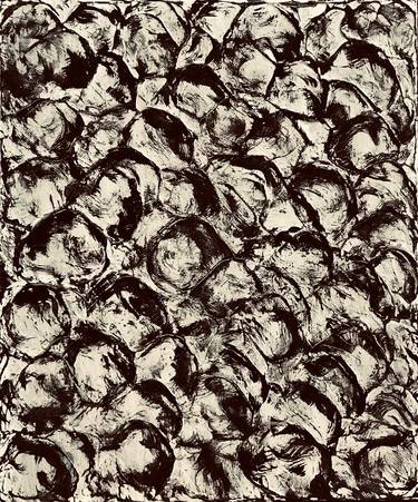 Monochrome abstract pattern of densely packed circular shapes created with rough charcoal strokes.