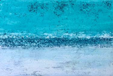 Abstract seascape with turquoise water at the top, dark blue waves in the middle, and pale blue foam at the bottom.