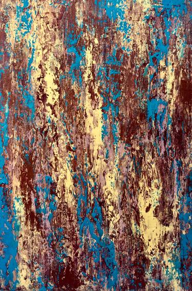 Abstract textured painting with vertical streaks of blue, yellow, and brown, evoking rugged, layered brushwork.