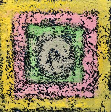Abstract textured painting featuring four nested squares: a yellow outer border, pink middle ring, green inner square, and a gray speckled center with a dark spiral motif.