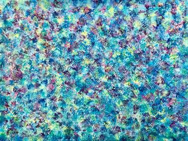Colorful abstract texture with turquoise, blue, purple, and yellow speckles.