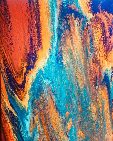 Abstract painting with swirling orange, blue, and teal colors and bold texture.