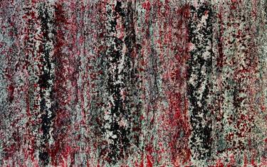 Abstract texture with vertical red, black, and gray streaks resembling weathered paint.