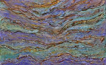Abstract painting with swirling bands of purple, teal, orange, and gold creating a textured, wave-like pattern.