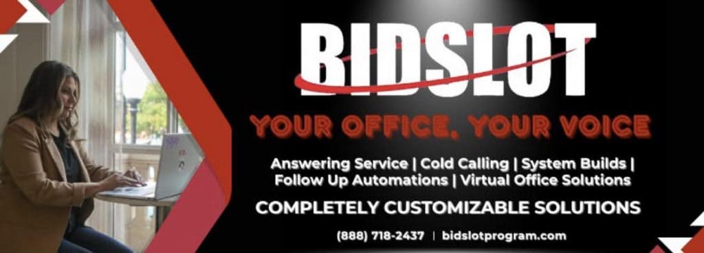 Woman sitting at a laptop at a table next to a bold BidSlot advertisement banner reading 'Your office. Your voice' with contact info.