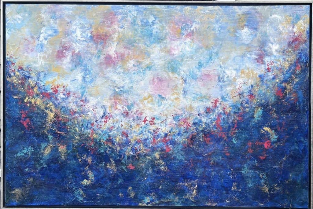 Abstract painting with a blue-to-dark-blue gradient, pale colors at the top and darker blues bottom, with pink, gold, and turquoise splashes, framed.