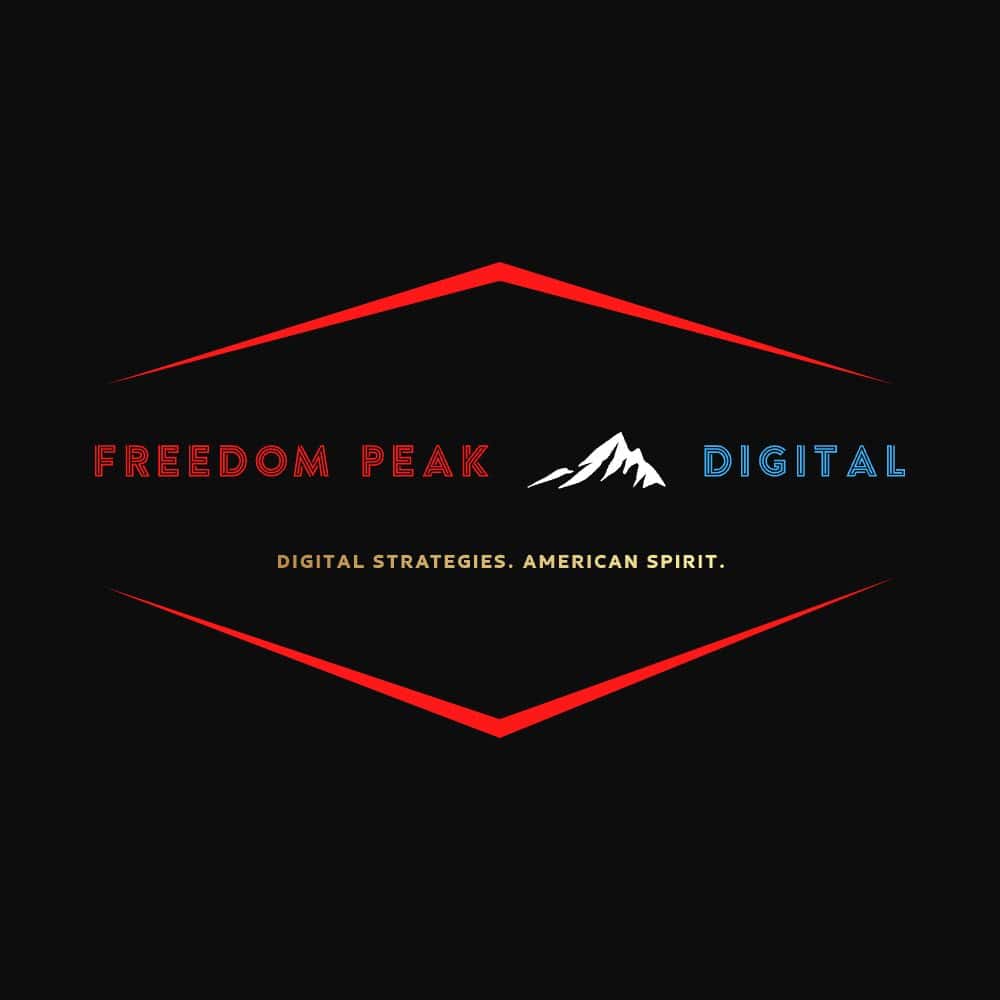 Freedom Peak Digital logo with red diamond peak motif, red 'FREEDOM PEAK', blue 'DIGITAL', and the tagline 'DIGITAL STRATEGIES. AMERICAN SPIRIT.'