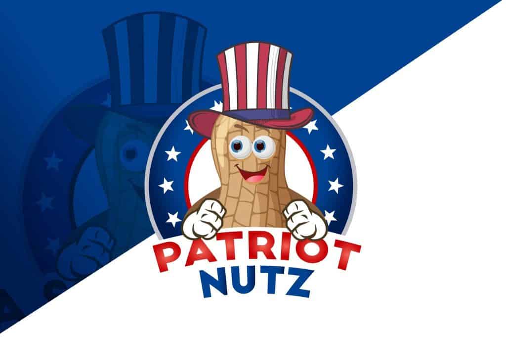 Cartoon peanut wearing an Uncle Sam hat inside a blue patriotic emblem with white stars, as part of a Patriot Nutz logo