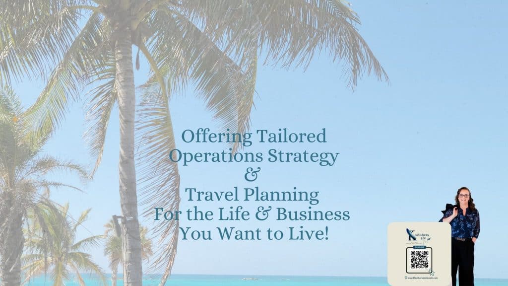 Tropical beach banner with palm trees, blue sky, and a woman standing on the right holding a sign with a QR code.