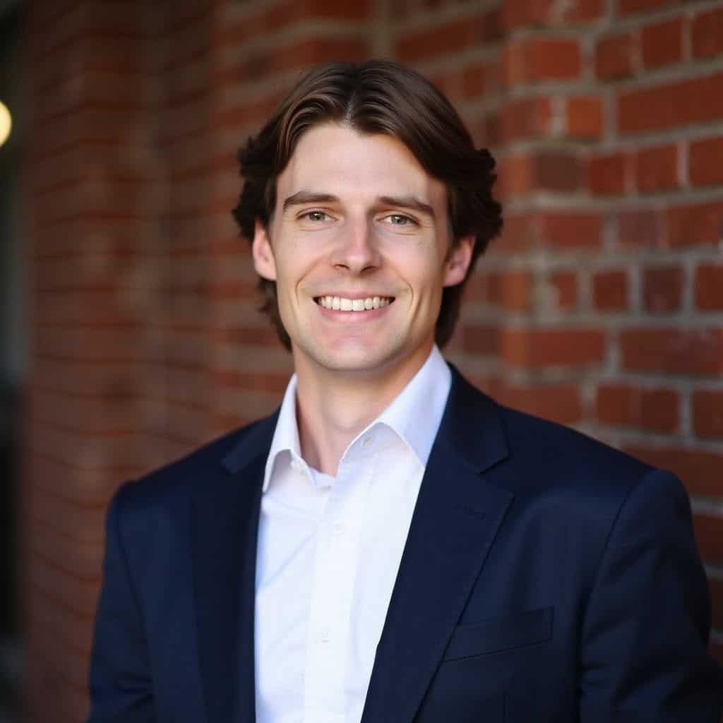 Smiling man in a navy suit and white shirt standing against a brick wall