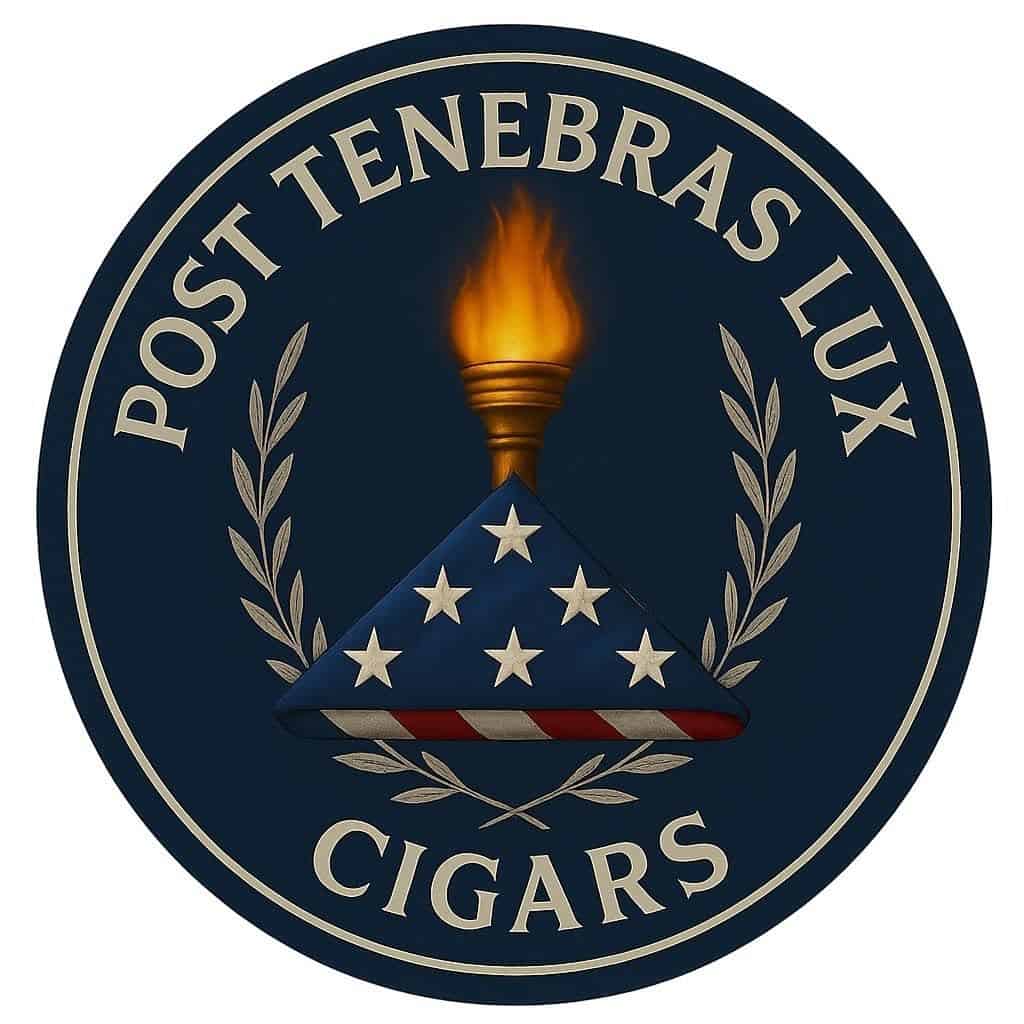 Circular logo for Post Tenebras Lux Cigars, featuring a lit torch over a folded blue flag with white stars, surrounded by laurel branches.