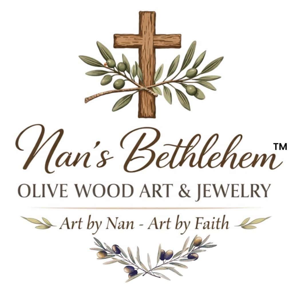Logo: wooden cross framed by olive branches, representing Nan's Bethlehem olive wood art and jewelry brand.