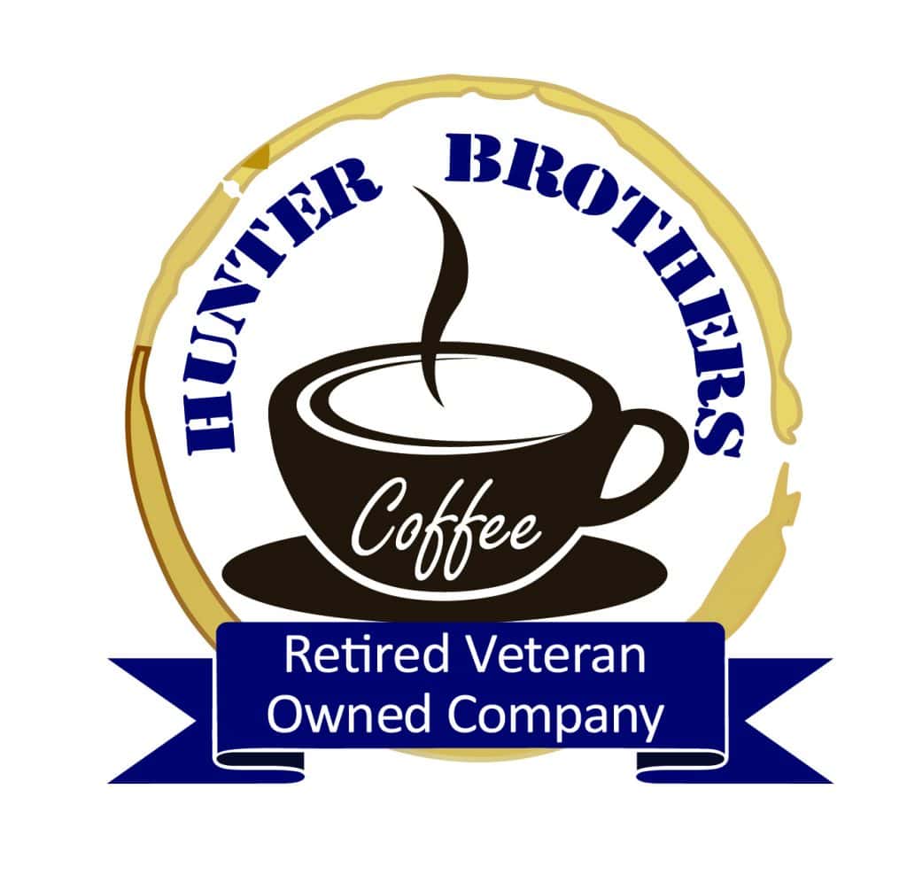 Circular badge logo for a coffee company: brown cup with steam, the word 'Coffee' on the cup, gold circular border, and a blue ribbon reading 'Retired Veteran Owned Company' across the bottom.