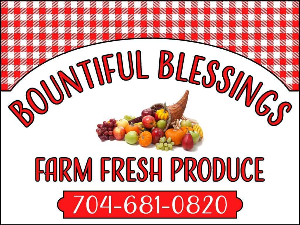 Banner for a farm stand: 'Bountiful Blessings', 'Farm Fresh Produce' with a red phone number badge (704-681-0820).