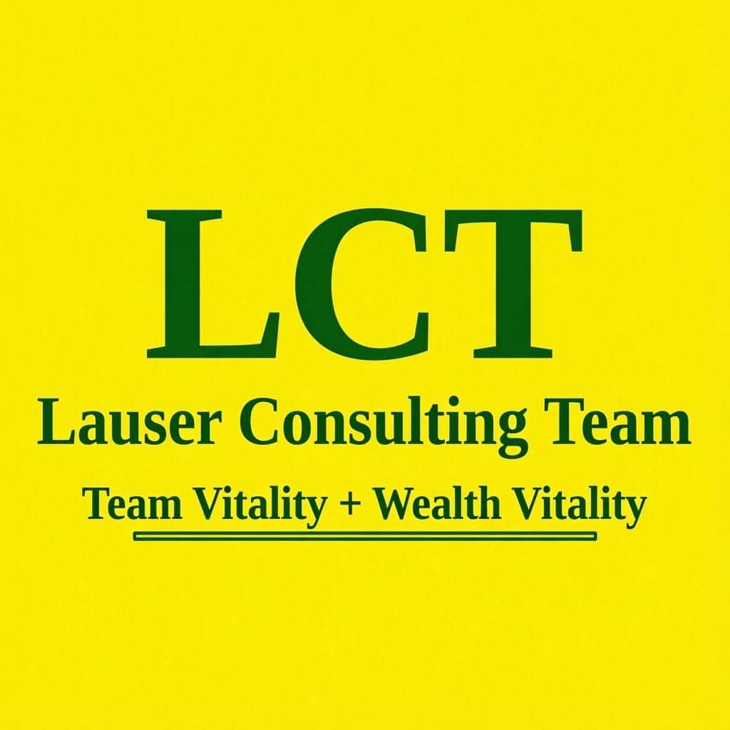 Logo for LCT (Lauser Consulting Team) with green text on a bright yellow background, featuring the tagline "Team Vitality + Wealth Vitality".