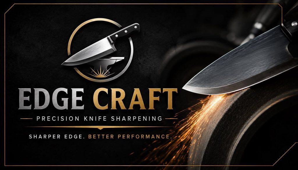 Edge Craft promotional banner featuring a sharp knife blade with sparks, the circular logo, and the text 'EDGE CRAFT' with 'PRECISION KNIFE SHARPENING' and the tagline 'Sharper edge. Better performance.'