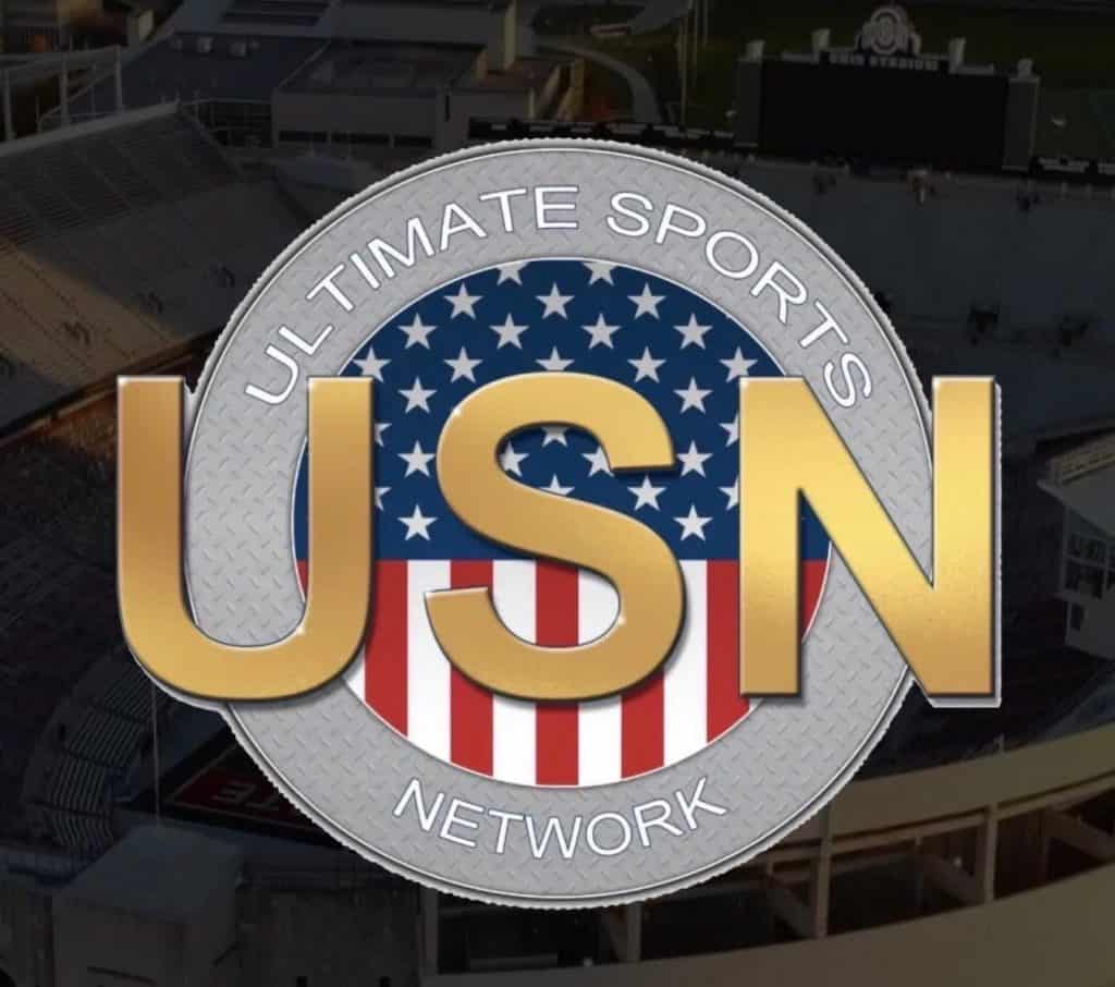 USN logo: gold USN letters centered on a silver textured coin with an American flag motif and the words 'Ultimate Sports Network' around the edge