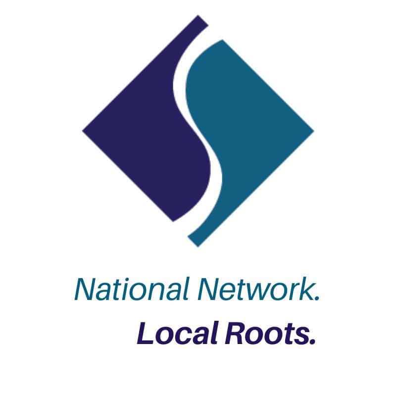 Logo for National Network: Local Roots with a teal and navy diamond icon above the text