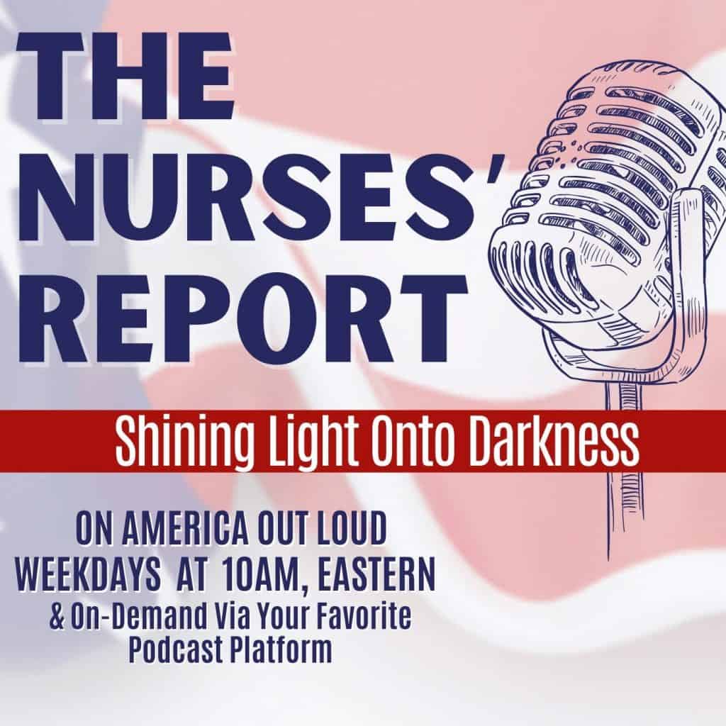 Podcast cover for 'The Nurses' Report' featuring a sketch microphone and a red banner reading 'Shining Light Onto Darkness'.