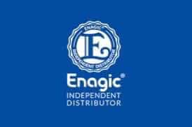 Enagic Independent Distributor logo on a blue background with a circular seal emblem.