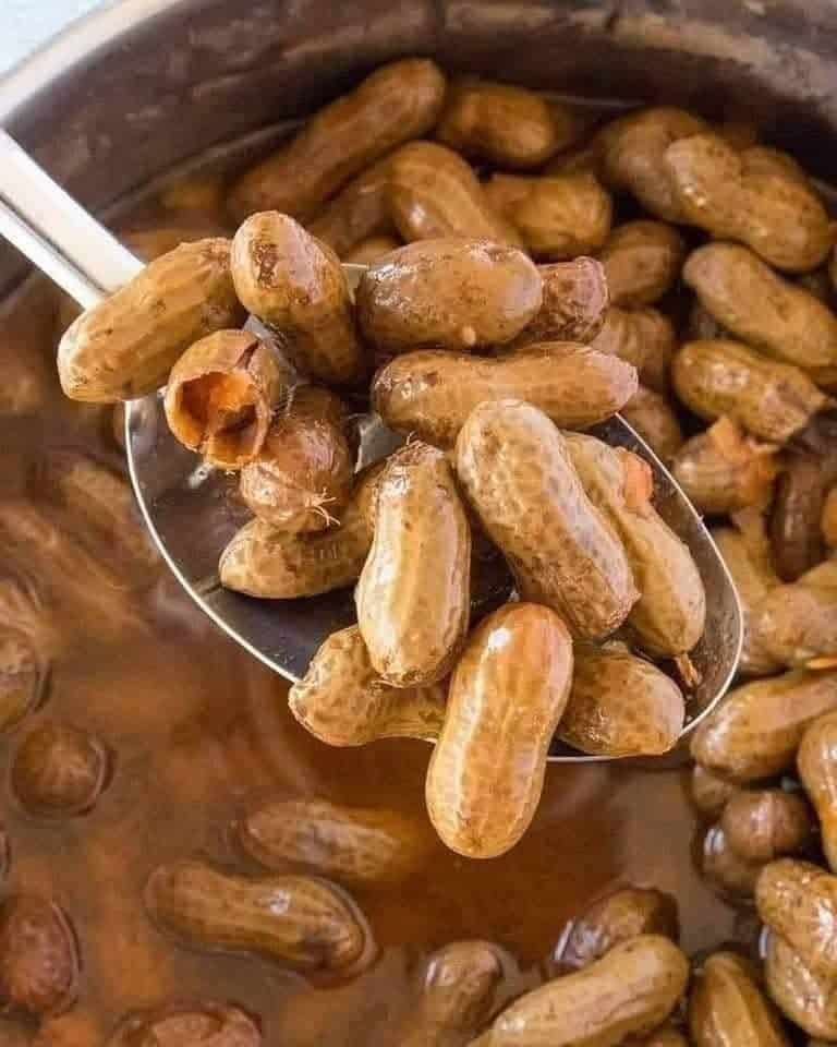 Boiled peanuts in shells resting in a brown pot, scooped up with a metal ladle