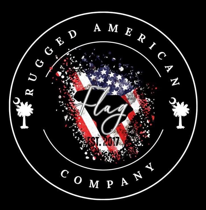 Logo for Rugged American Flag Company featuring a stylized flag splash inside concentric circles with palm trees on the sides and 'Flag' script in the center, EST. 2017.