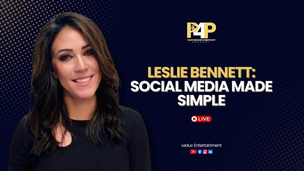 Promo banner for the Partnerships for Profit podcast: Leslie Bennett, 'Social Media Made Simple' with a Live badge on a dark navy background