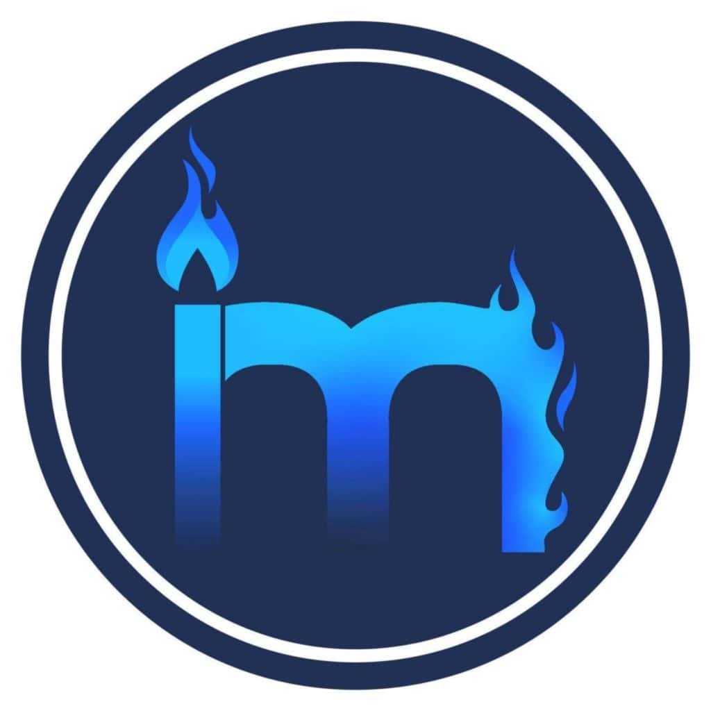 Circular navy logo with a white ring, featuring a bright blue flame over stylized 'hi' lettering inside the dark blue circle.