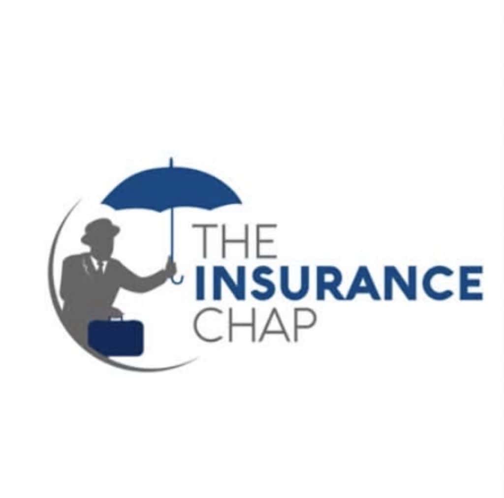 Logo for The Insurance Chap: a gray businessperson holding a blue umbrella with a briefcase, beside the text THE INSURANCE CHAP.