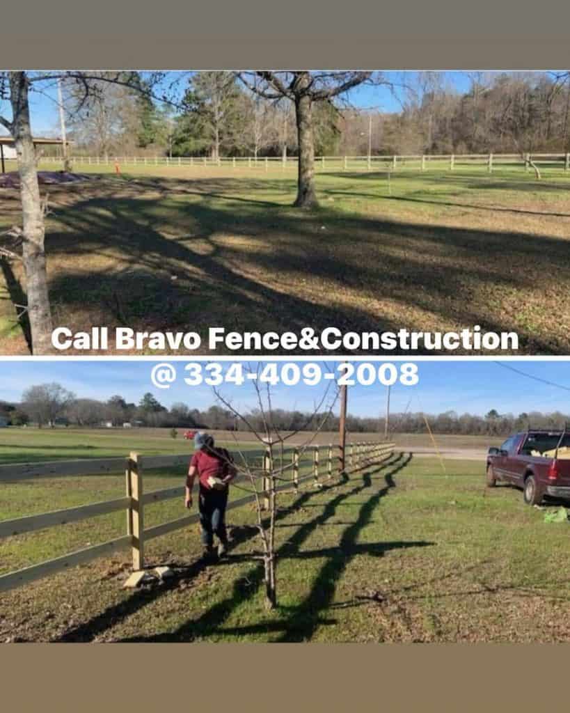 Advertising banner for Bravo Fence & Construction with phone number, showing a fenced yard and a worker nearby.